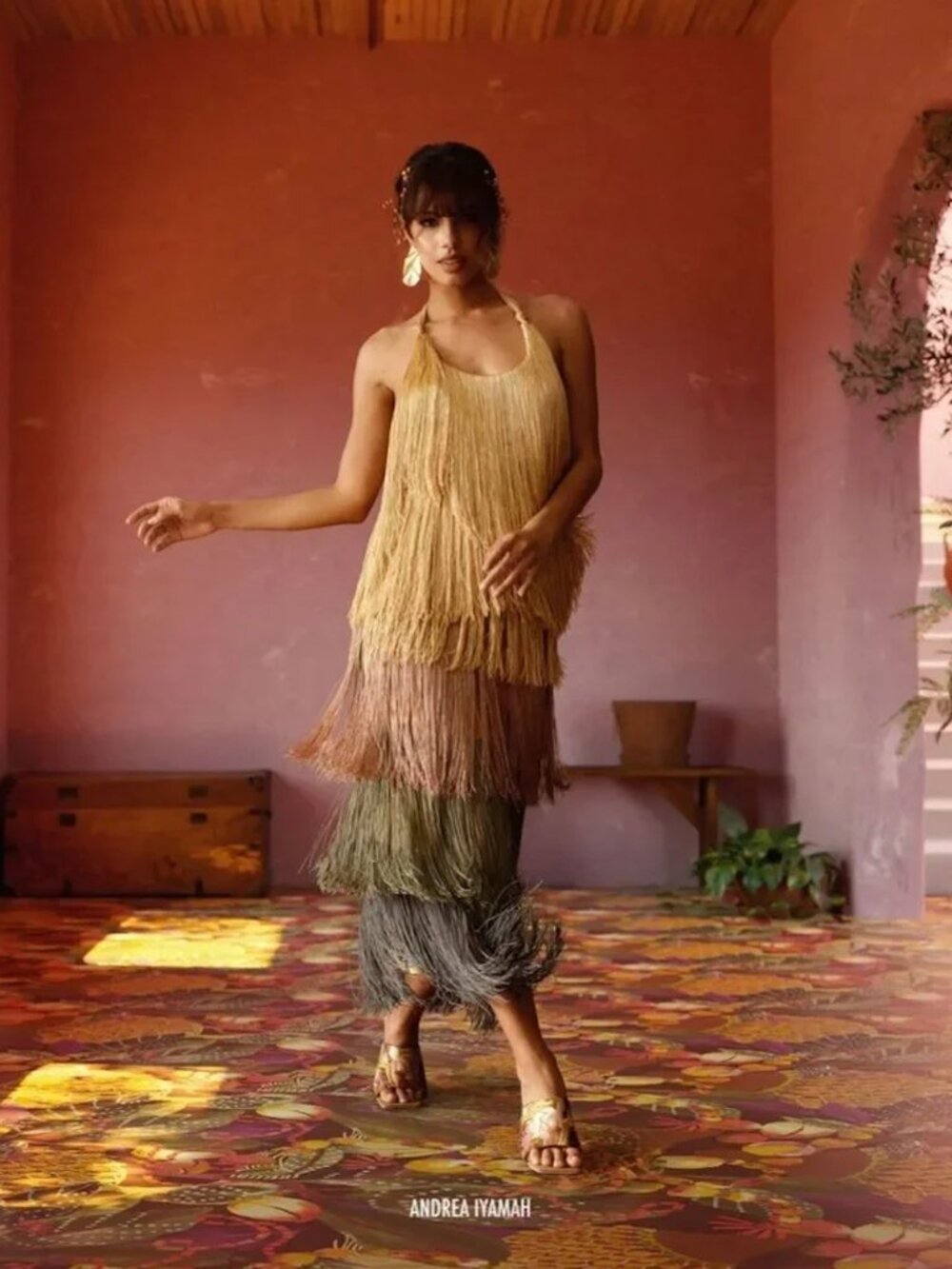 Andrea Iyamah Neme Multicolor Layered Fringe Dress SIZE Small